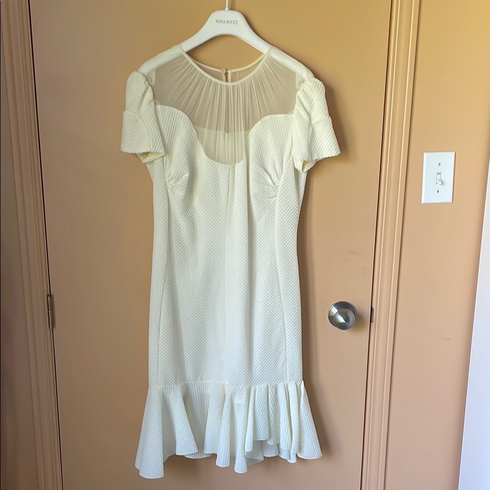 Nina Ricci Ivory Textured Midi Dress with Sheer Yoke
